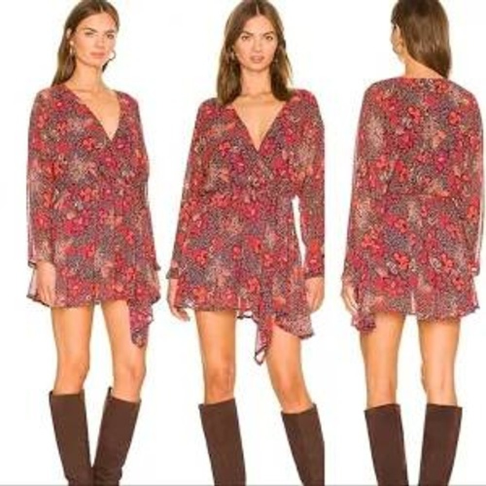 Free People Red Paisley Floral Handkerchief‎ Hem Mini Dress S Boho Beach Wedding